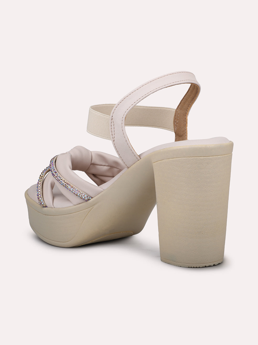 Women Cream Knot Details Platform Heels With Backstrap