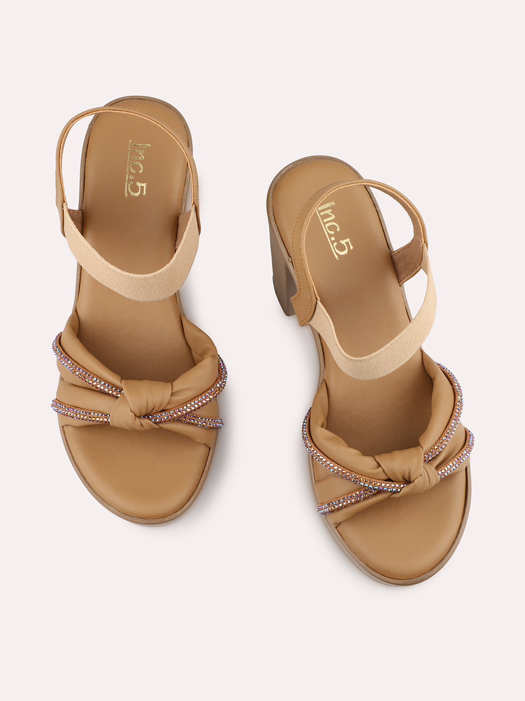 Women Beige Knot Details Platform Heels With Backstrap