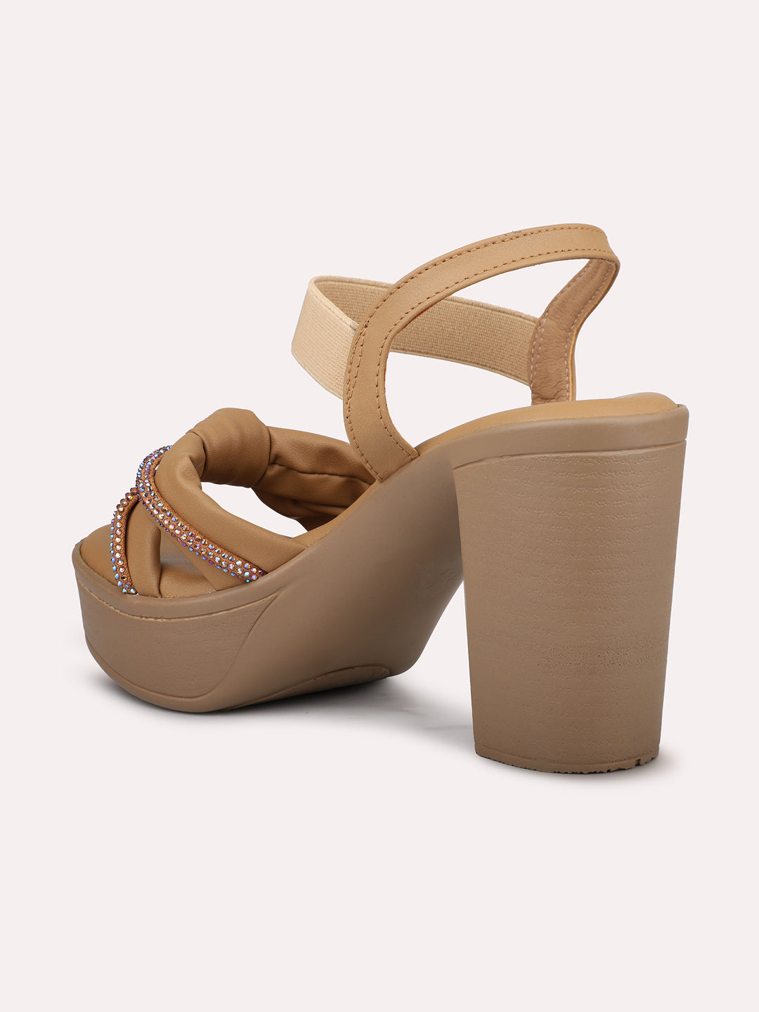 Women Beige Knot Details Platform Heels With Backstrap