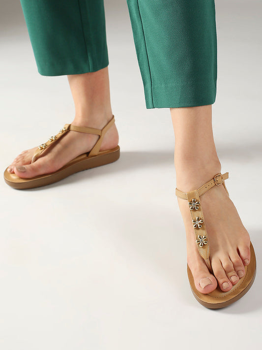 Women Beige And Gold-Toned T-Strap Flats with Buckle Detail