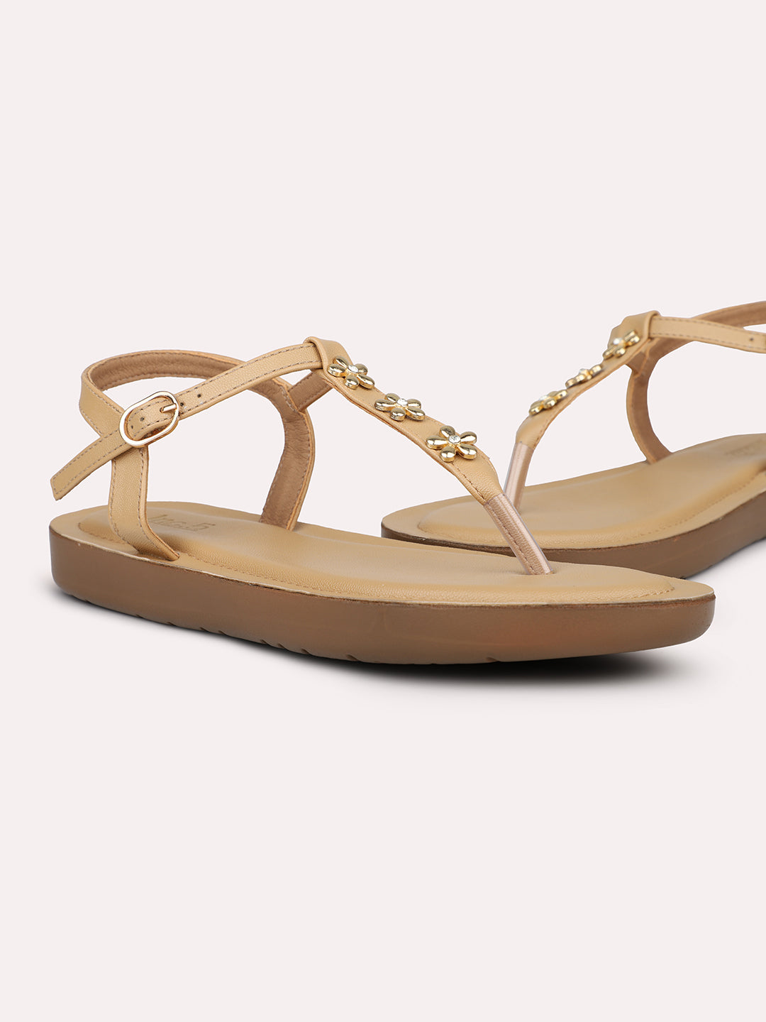 Women Beige And Gold-Toned T-Strap Flats with Buckle Detail