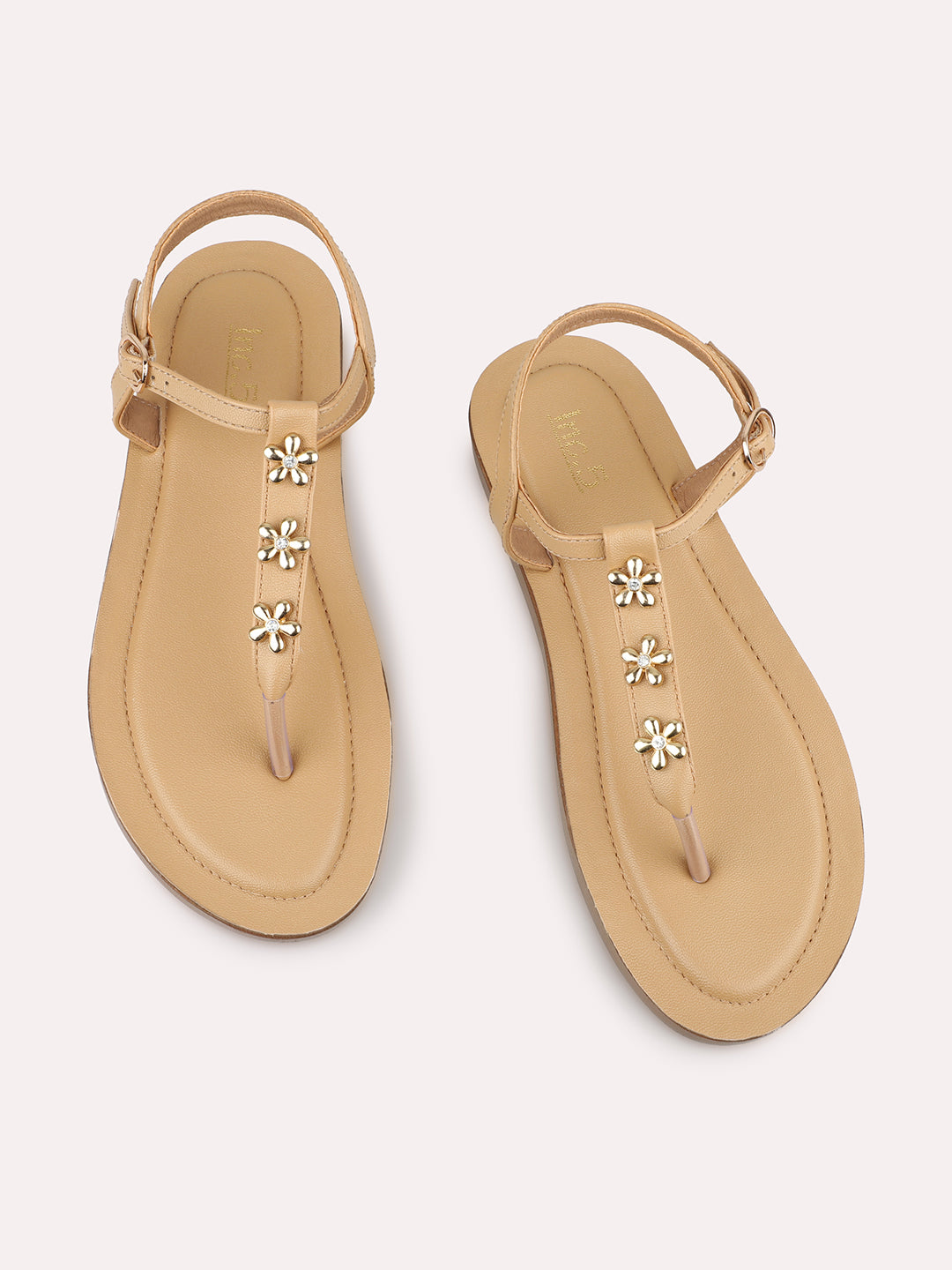 Women Beige And Gold-Toned T-Strap Flats with Buckle Detail