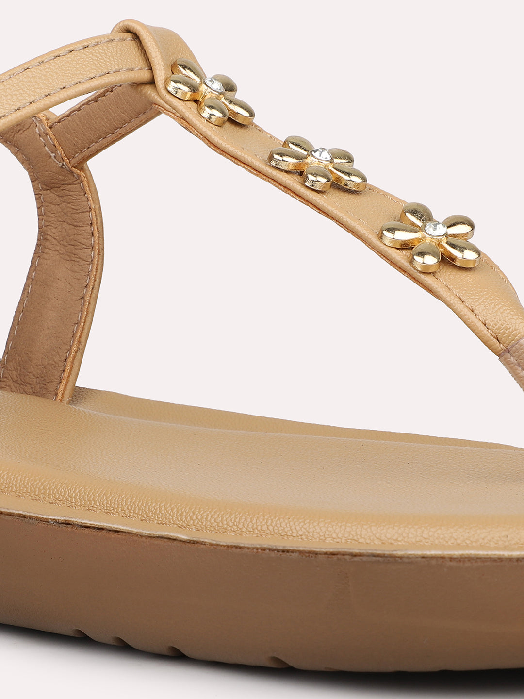 Women Beige And Gold-Toned T-Strap Flats with Buckle Detail