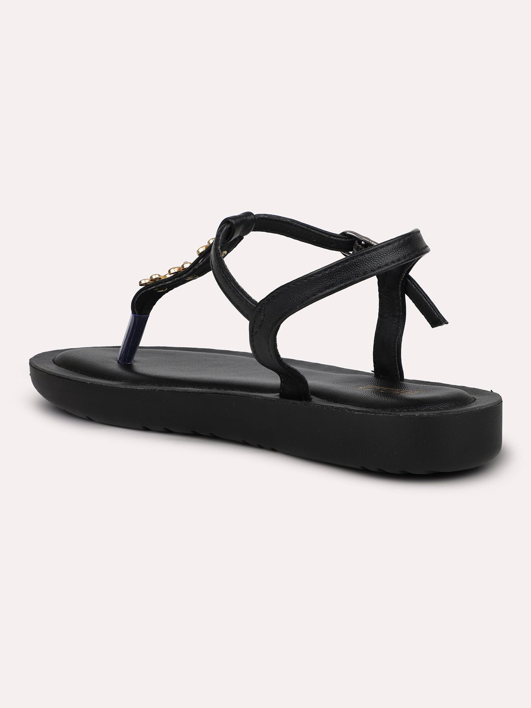 Women Black Buckled T-Strap Open Toe Flats