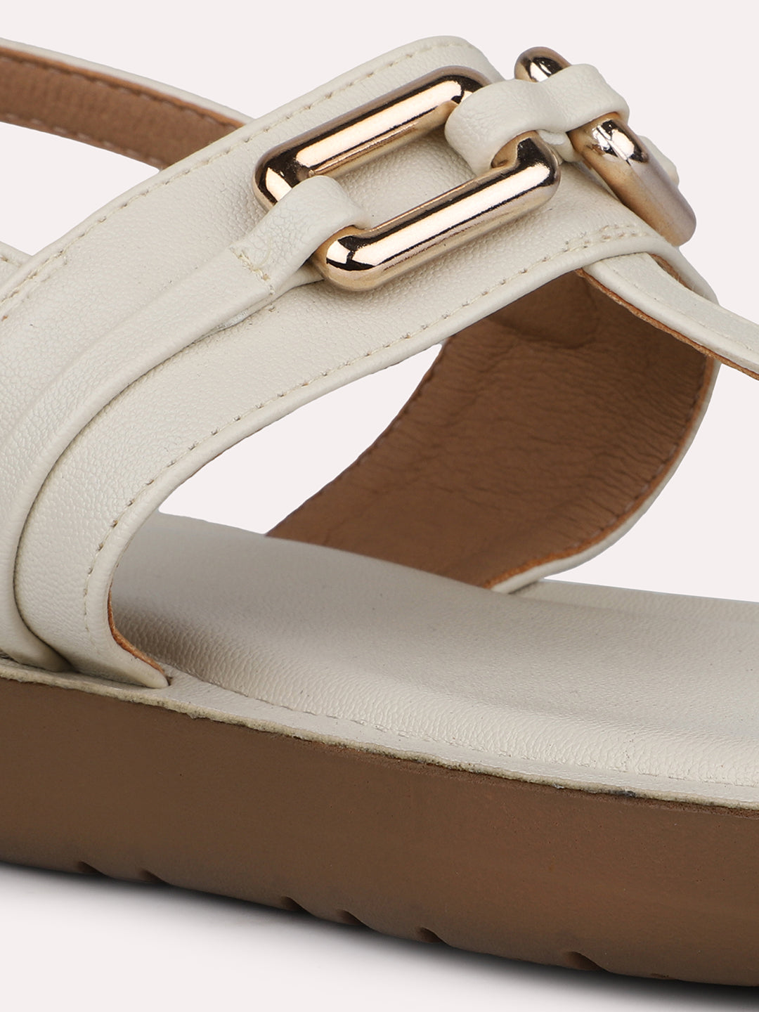 Women Beige Buckled T-Strap Open Toe Flats