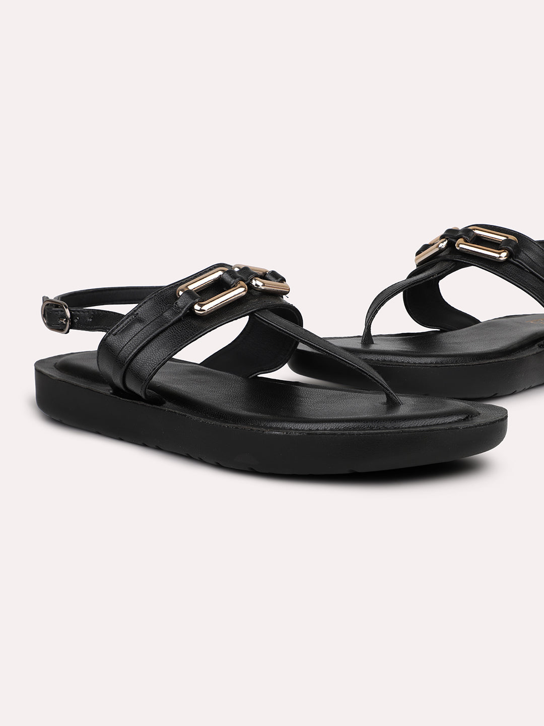 Women Black Buckled T-Strap Open Toe Flats