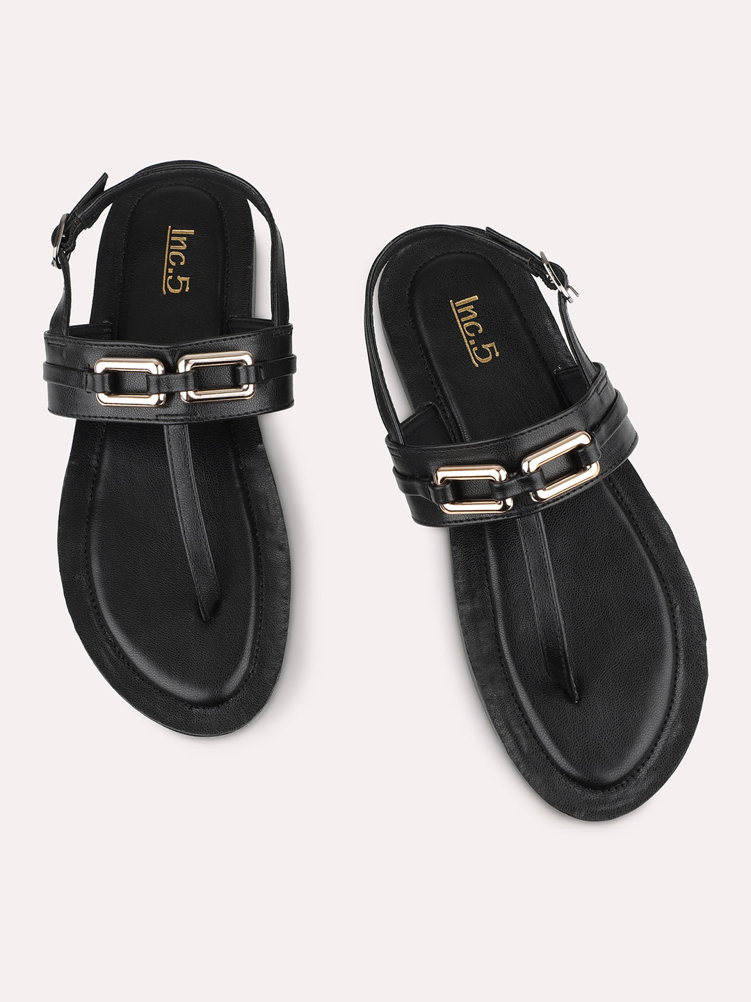 Women Black Buckled T-Strap Open Toe Flats