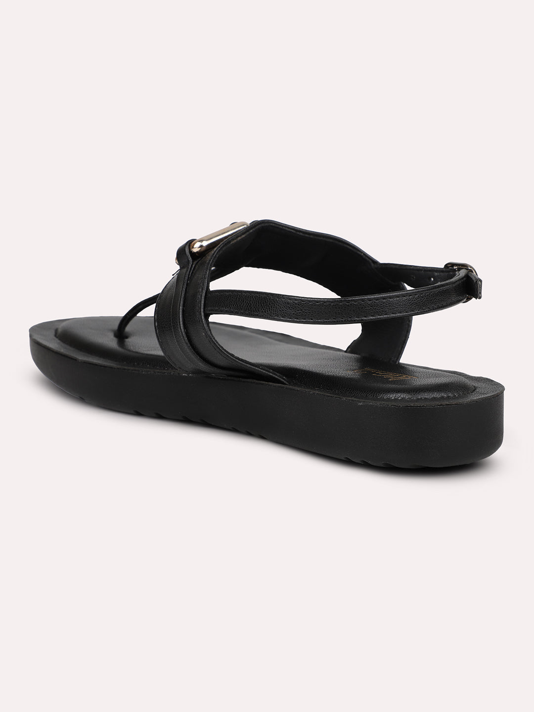 Women Black Buckled T-Strap Open Toe Flats