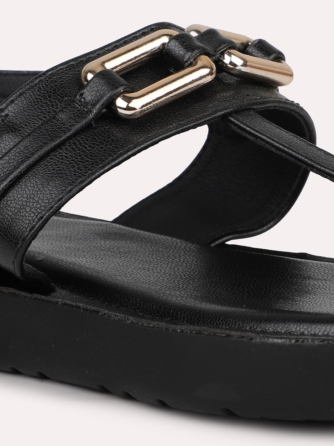 Women Black Buckled T-Strap Open Toe Flats