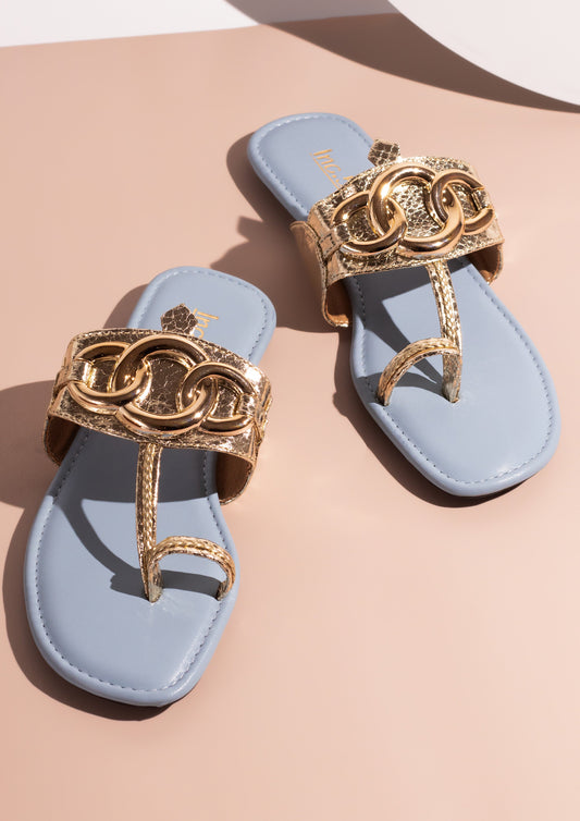 Women Gold And Blue-Toned One Toe Flats With Buckle Details