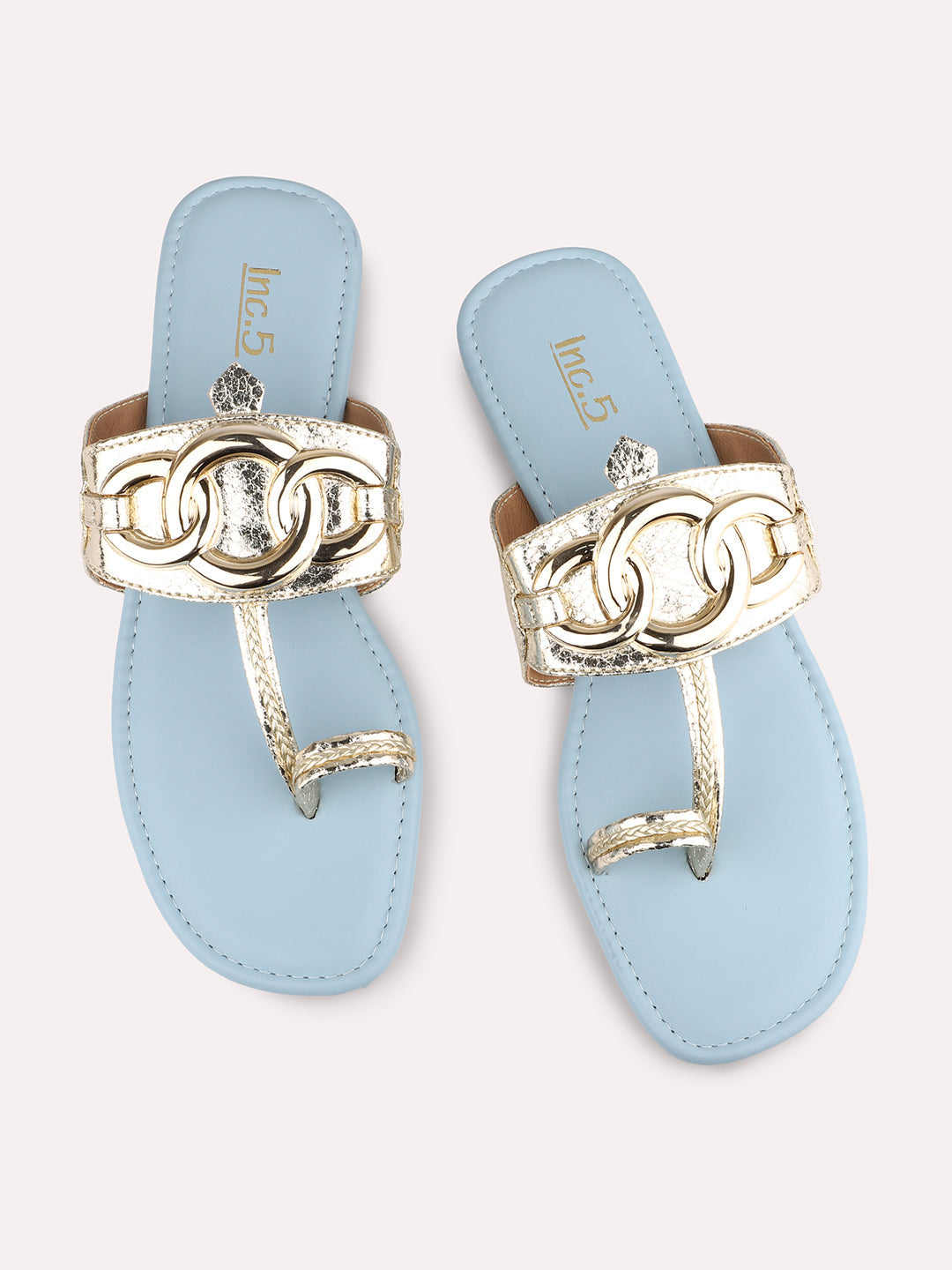 Women Gold And Blue-Toned One Toe Flats With Buckle Details
