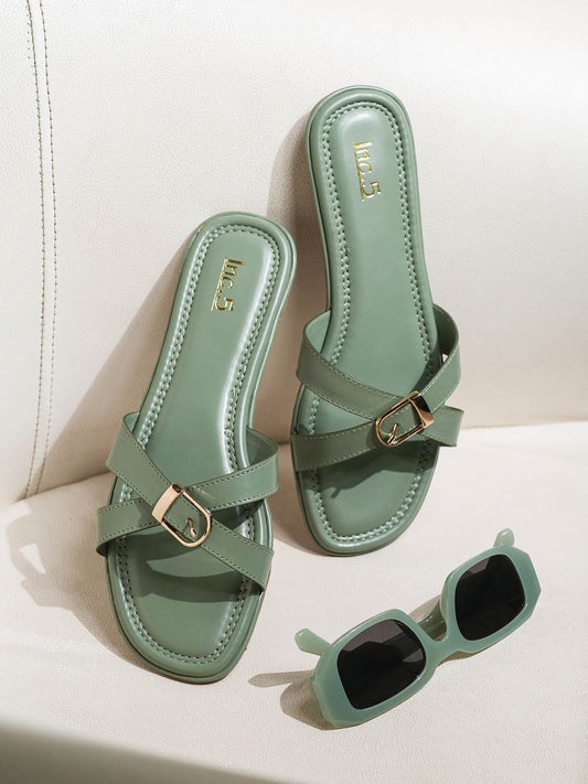 Women Green Cross Straps Buckled Open Toe Flats