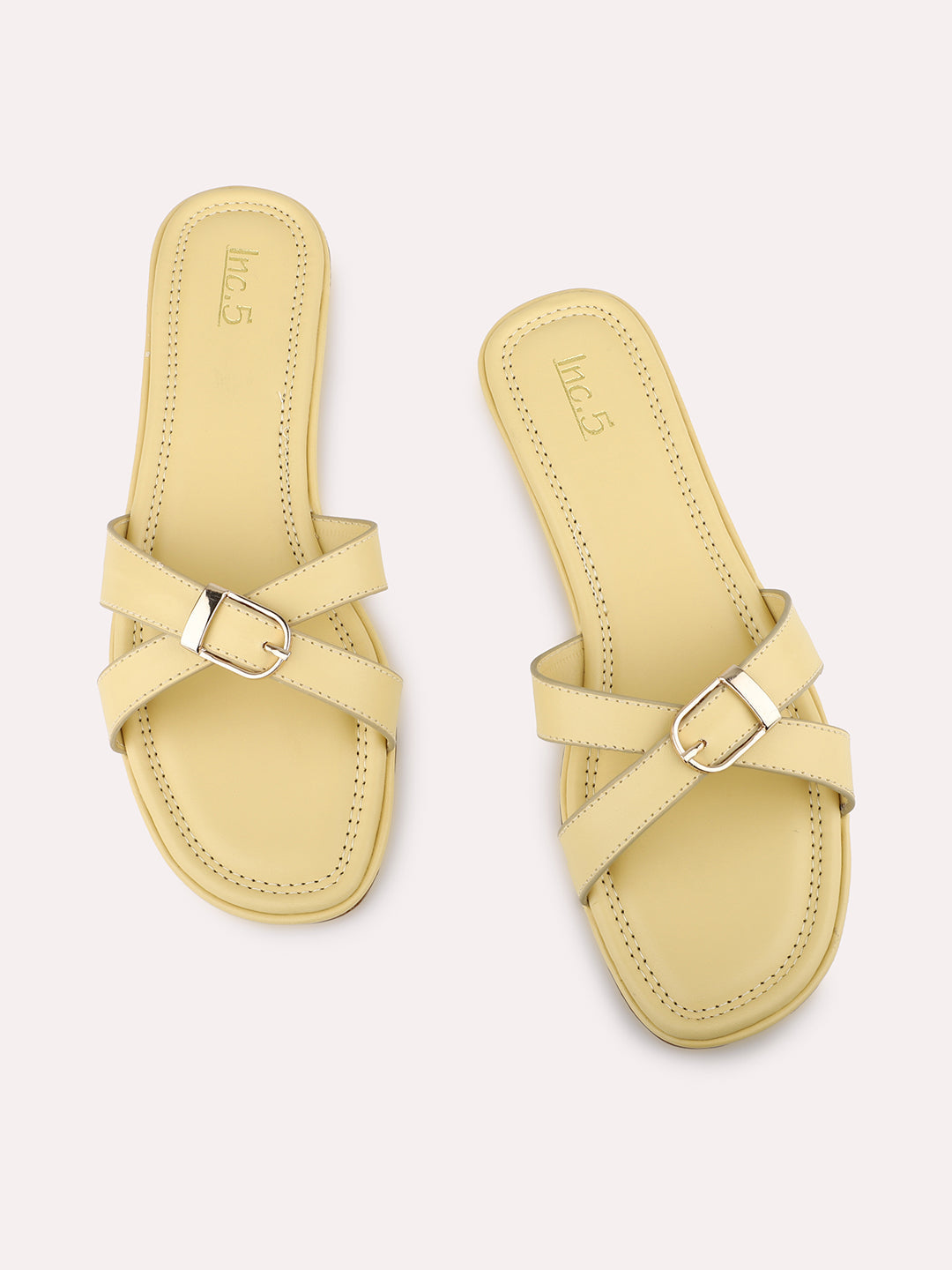 Women Yellow Cross Straps Buckled Open Toe Flats