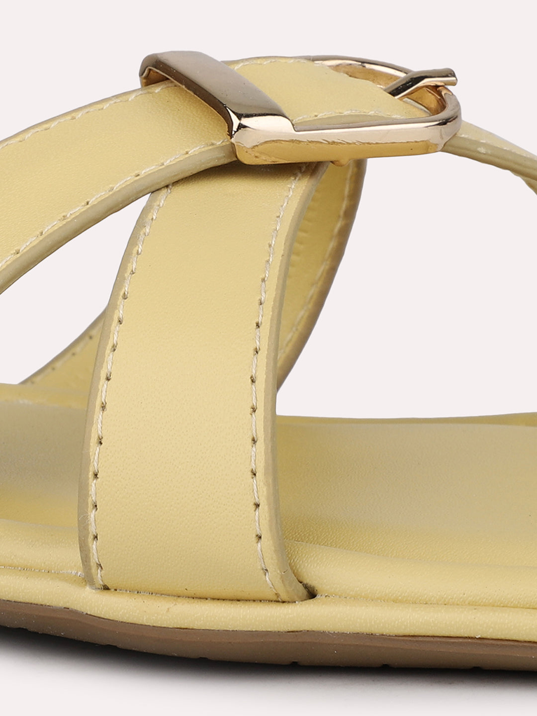 Women Yellow Cross Straps Buckled Open Toe Flats