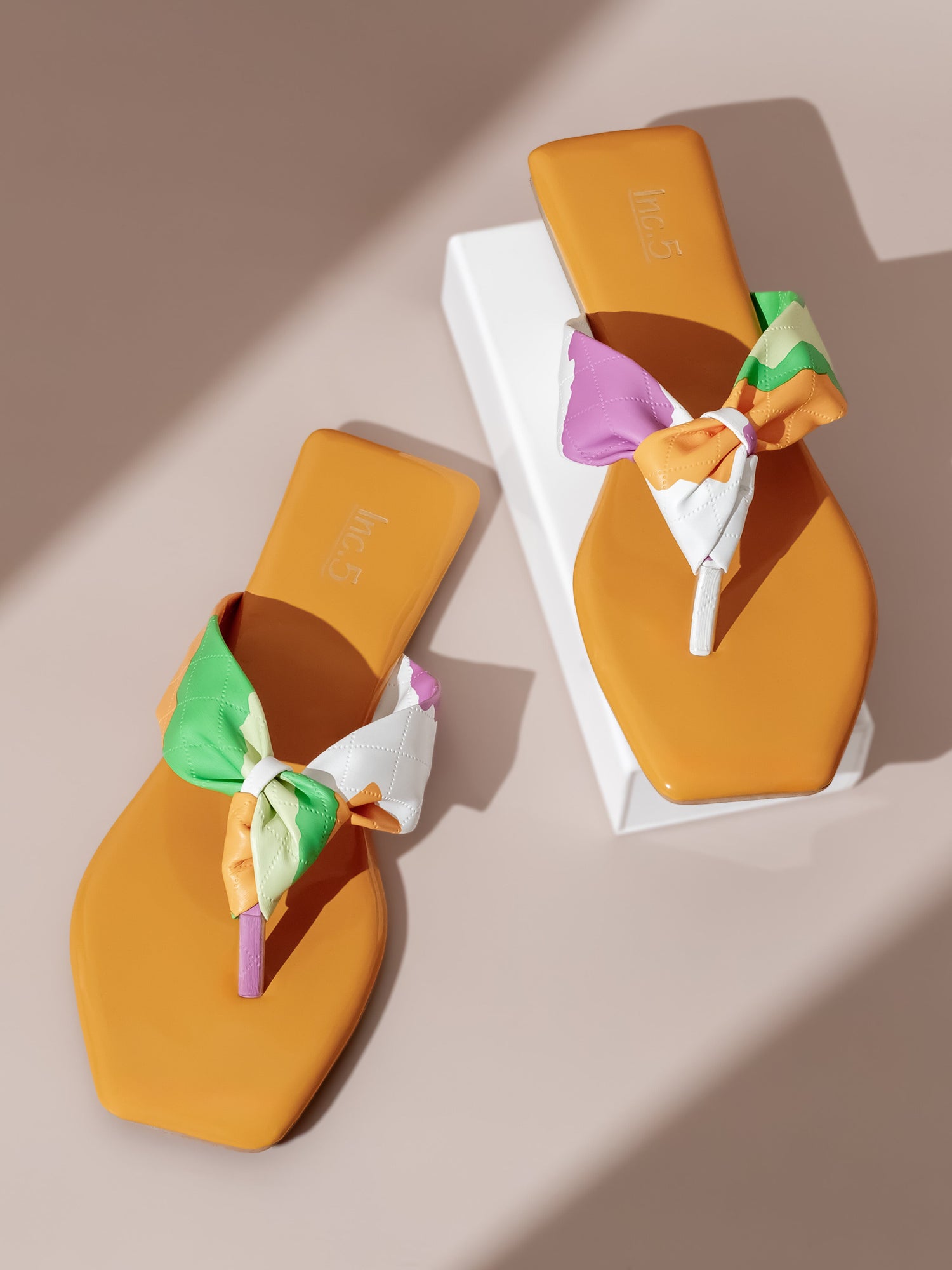 Women Mustard And Multicoloured Open Toe Flats With Knot Detail