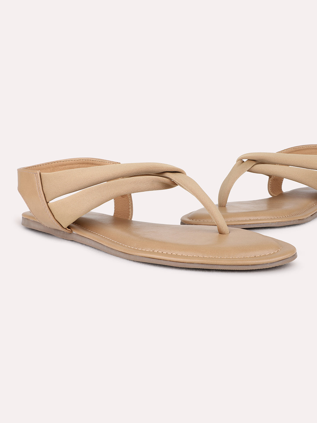 Womens Tan Casual Solid T-Strap Flat Sandals