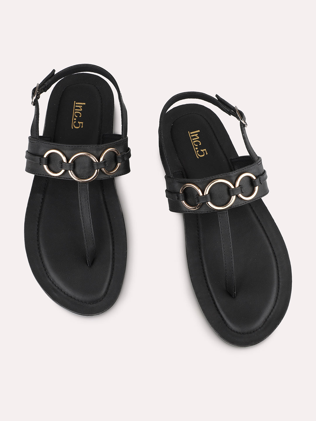 Women Black T-Strap Flats with Buckle Detail