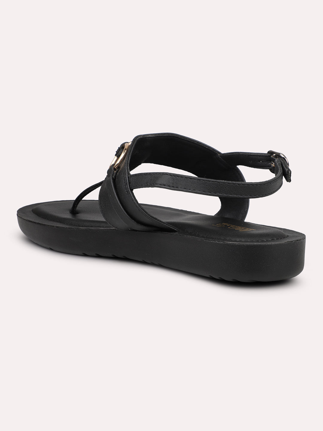 Women Black T-Strap Flats with Buckle Detail