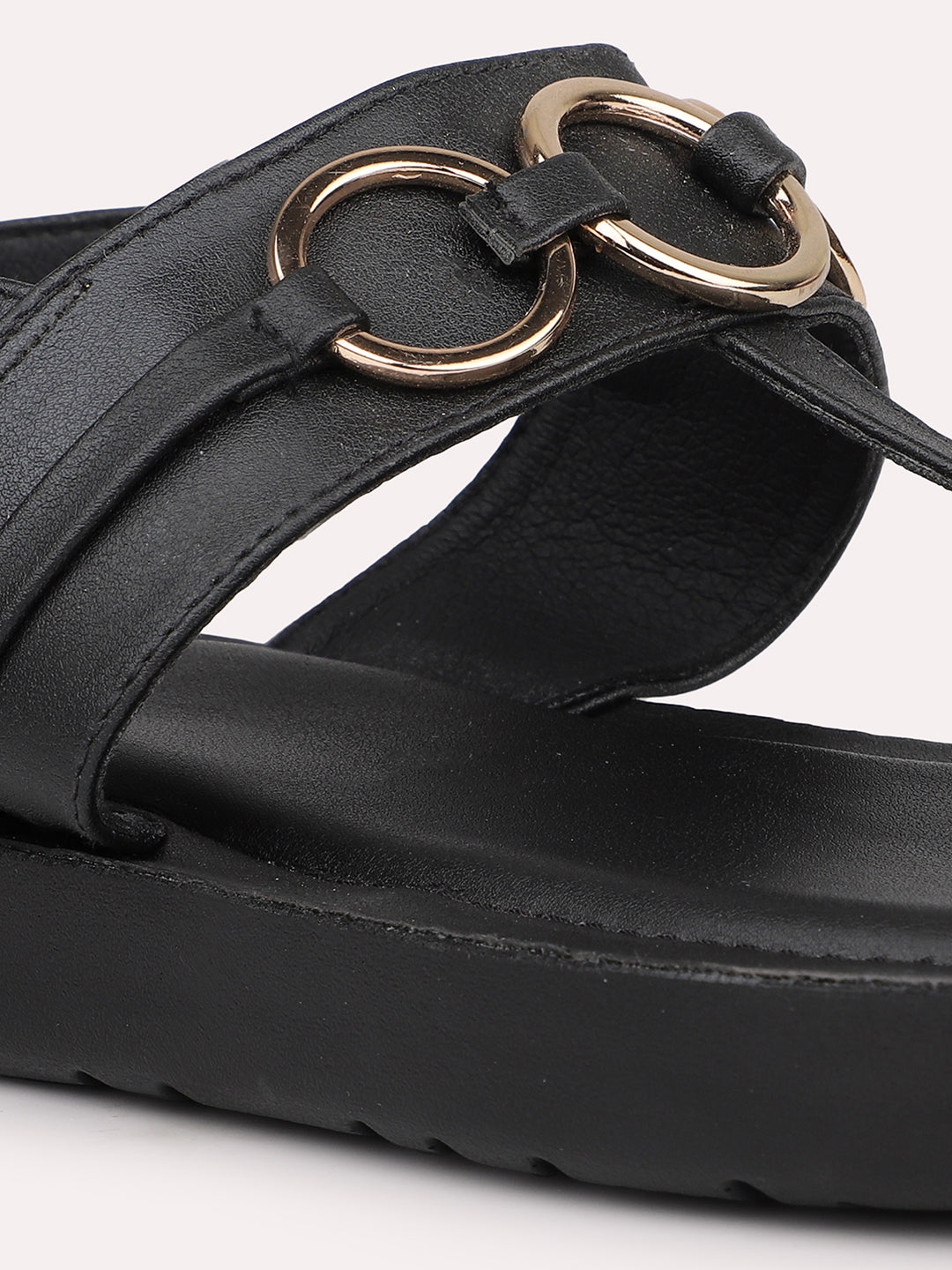 Women Black T-Strap Flats with Buckle Detail