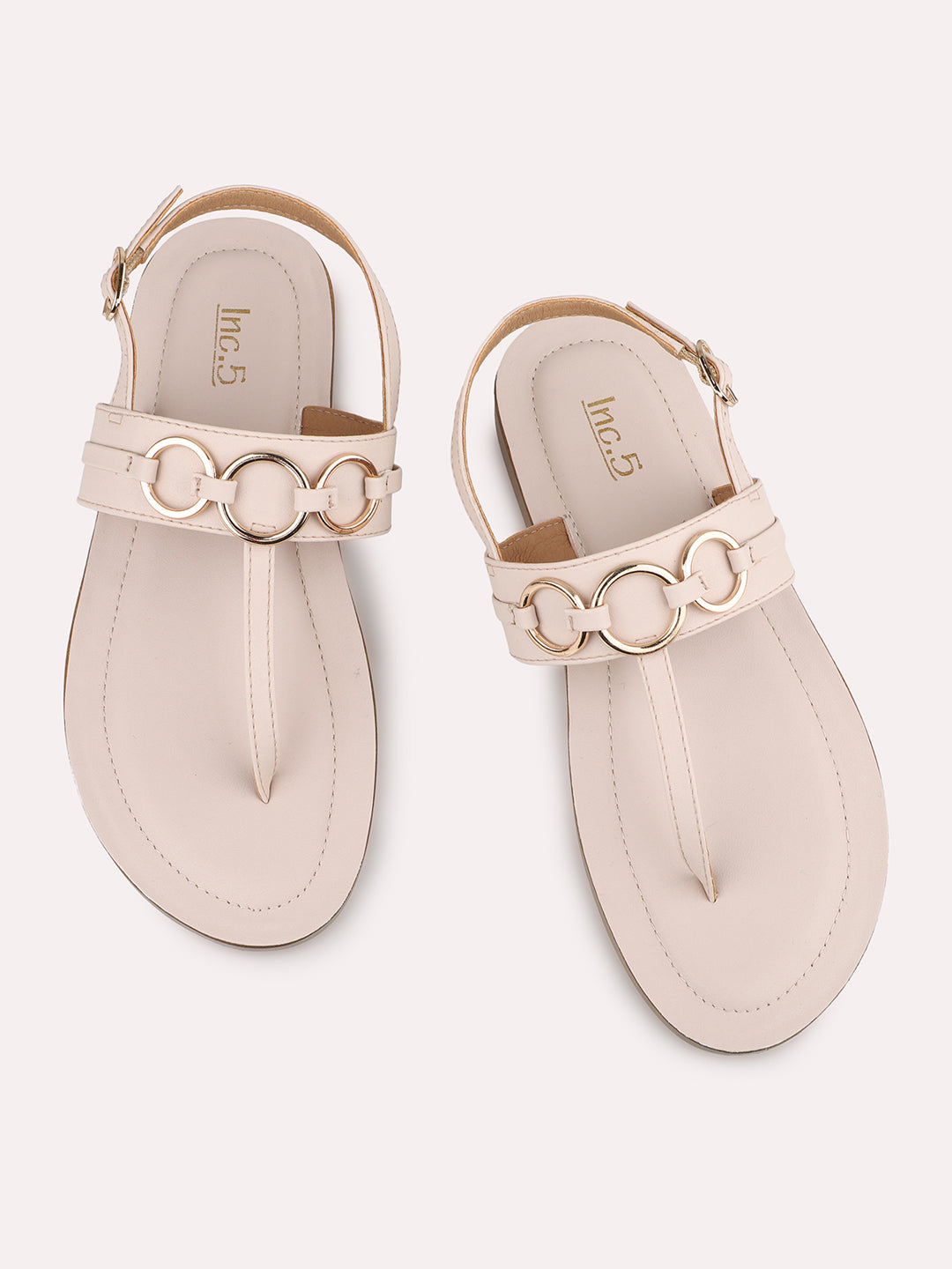 Women Cream T-Strap Flats with Buckle Detail