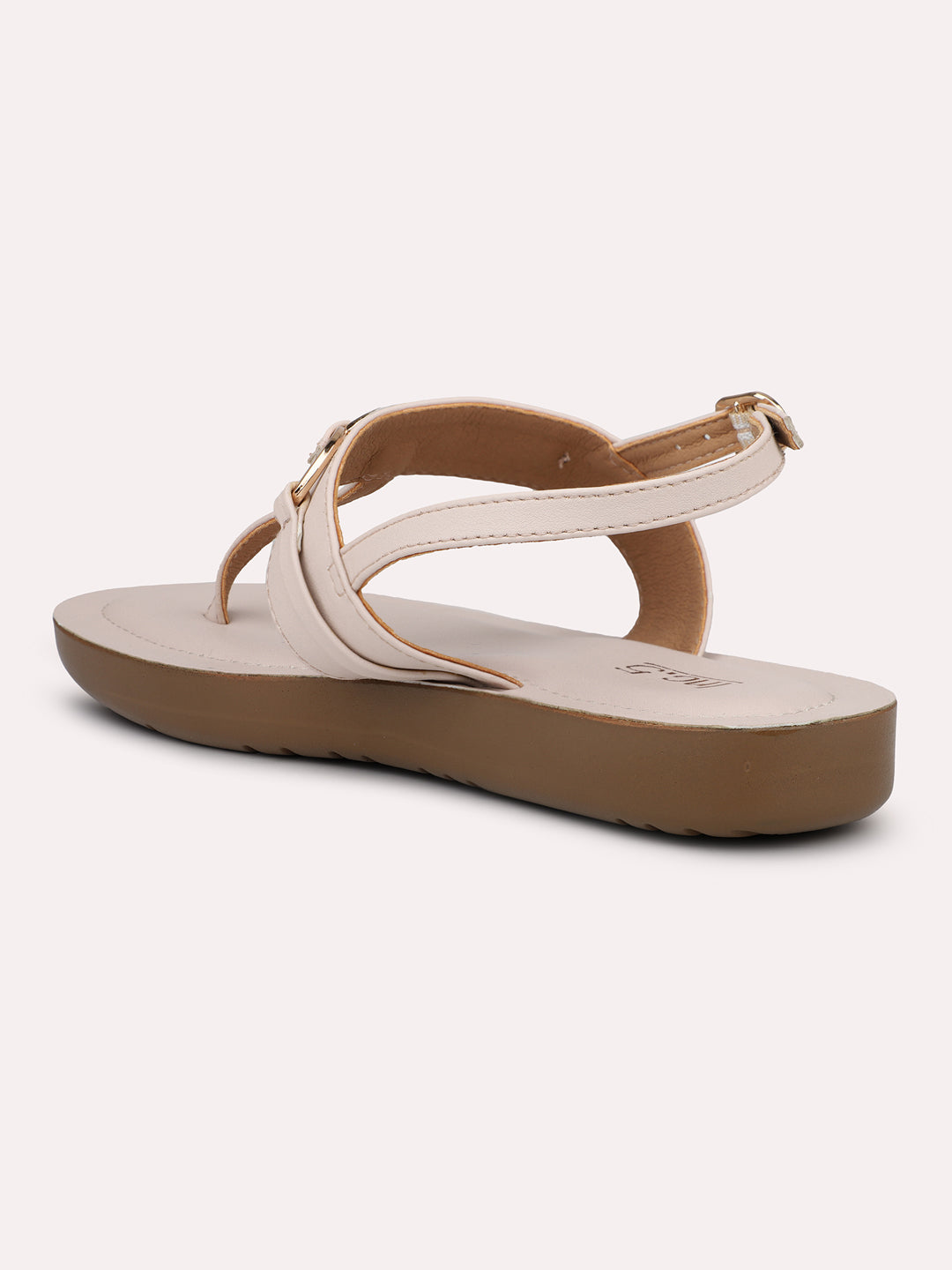 Women Cream T-Strap Flats with Buckle Detail