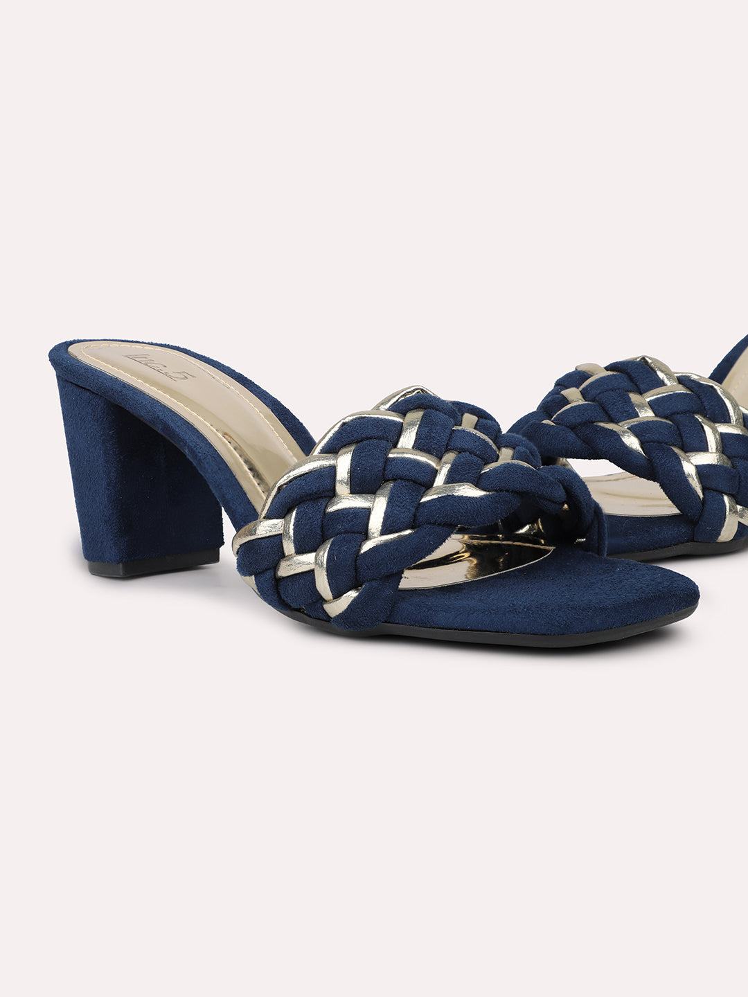 Women Navy And Gold-Toned Embellished Open Toe Block Heels