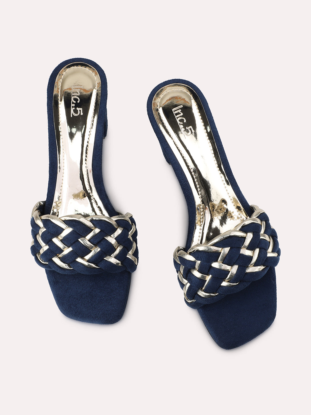 Women Navy And Gold-Toned Embellished Open Toe Block Heels