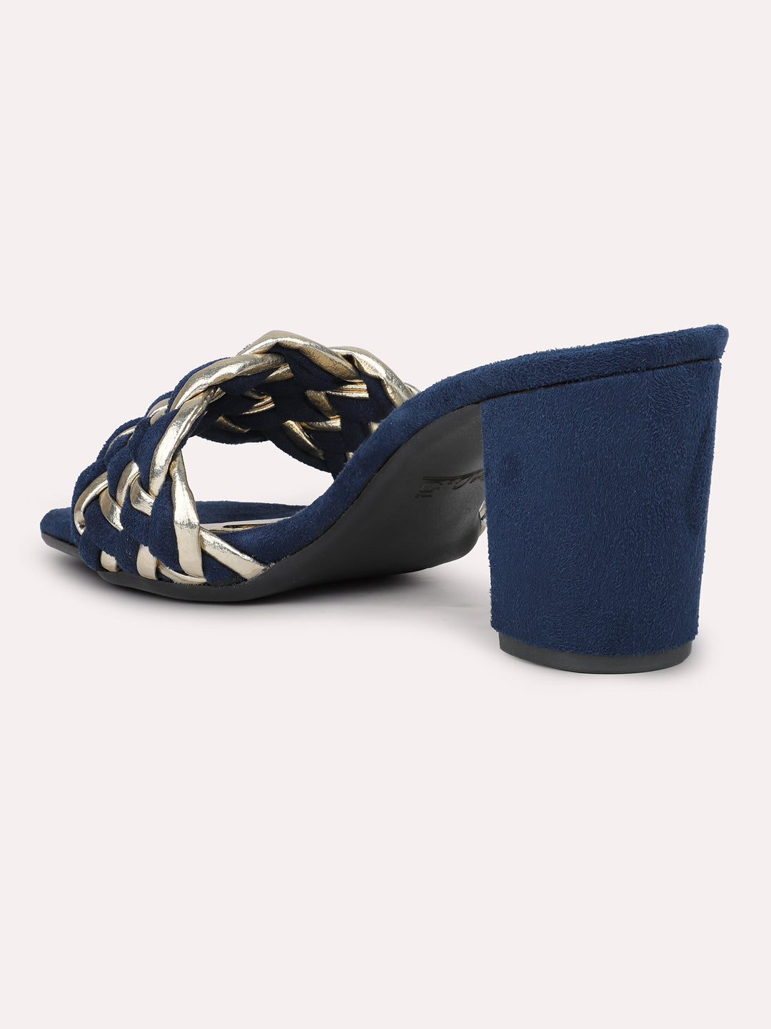 Women Navy And Gold-Toned Embellished Open Toe Block Heels