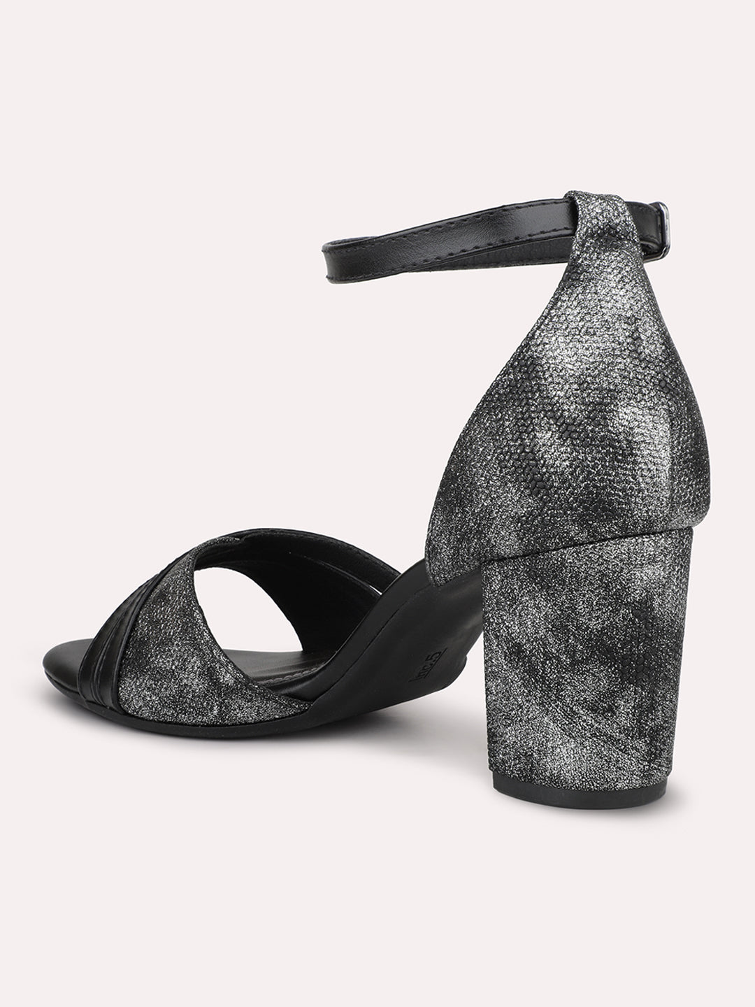 Women Black Textured Ankle Loop Block Heels With Buckles