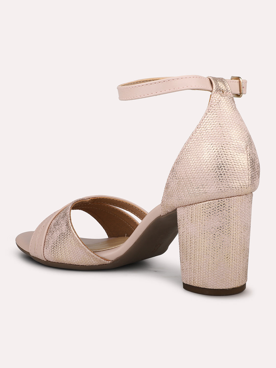 Women Peach Textured Ankle Loop Block Heels With Buckles