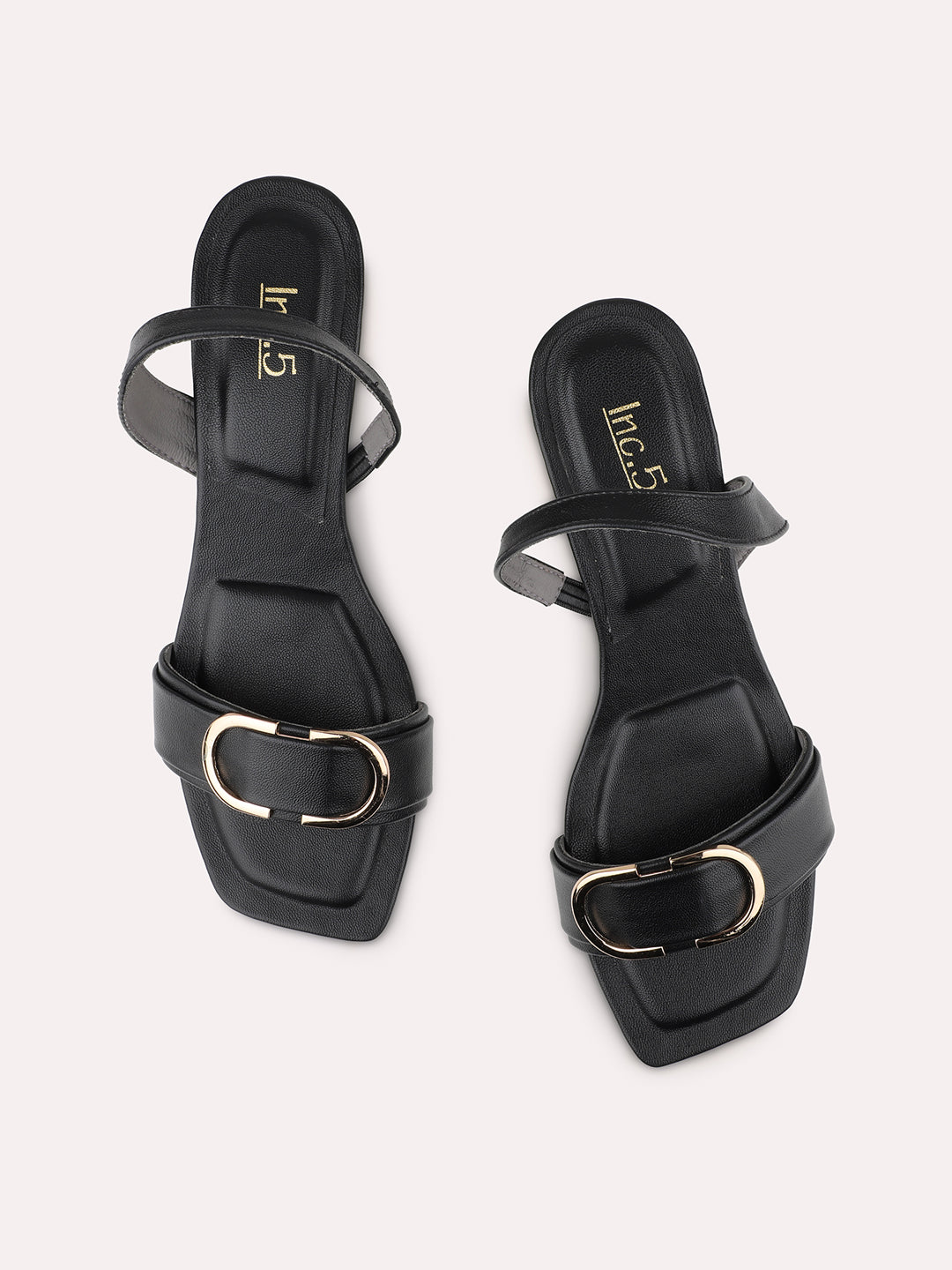 Women Black Open Toe Block Heels With Buckle