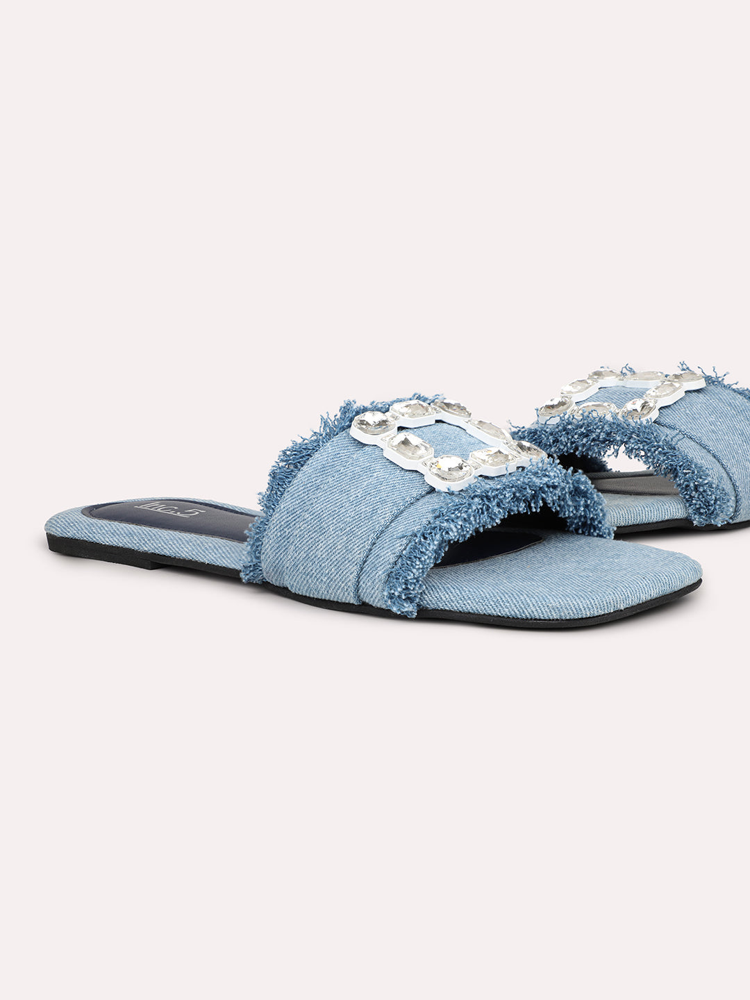 Women Blue & Silver-Toned Denim Buckle Detailed Open Toe Flats