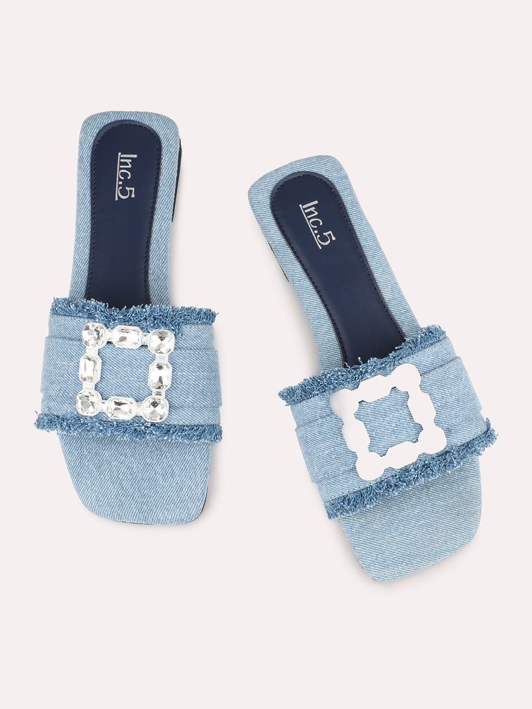 Women Blue & Silver-Toned Denim Buckle Detailed Open Toe Flats