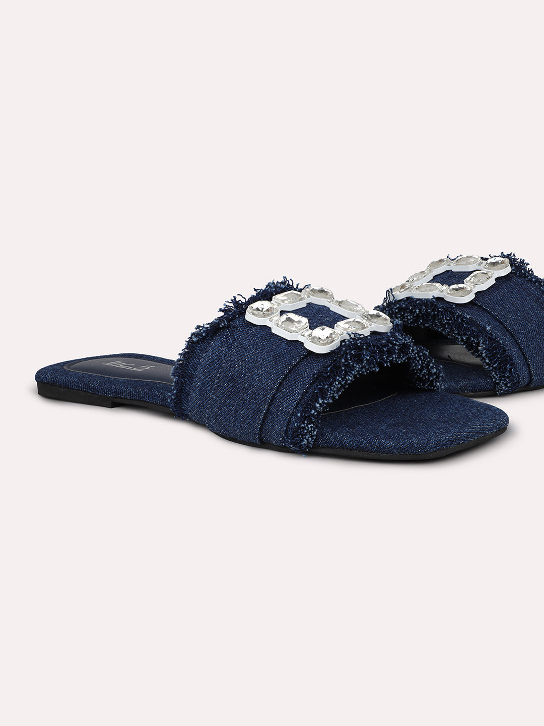 Women Navy & Silver-Toned Denim Buckle Detailed Open Toe Flats