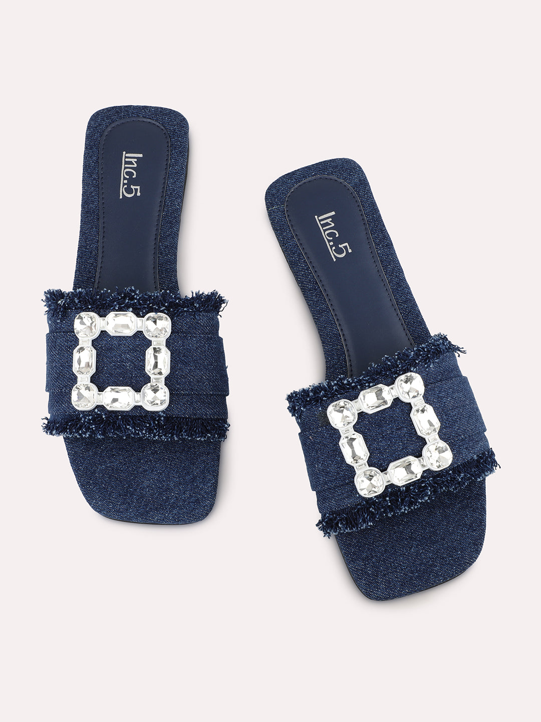 Women Navy & Silver-Toned Denim Buckle Detailed Open Toe Flats