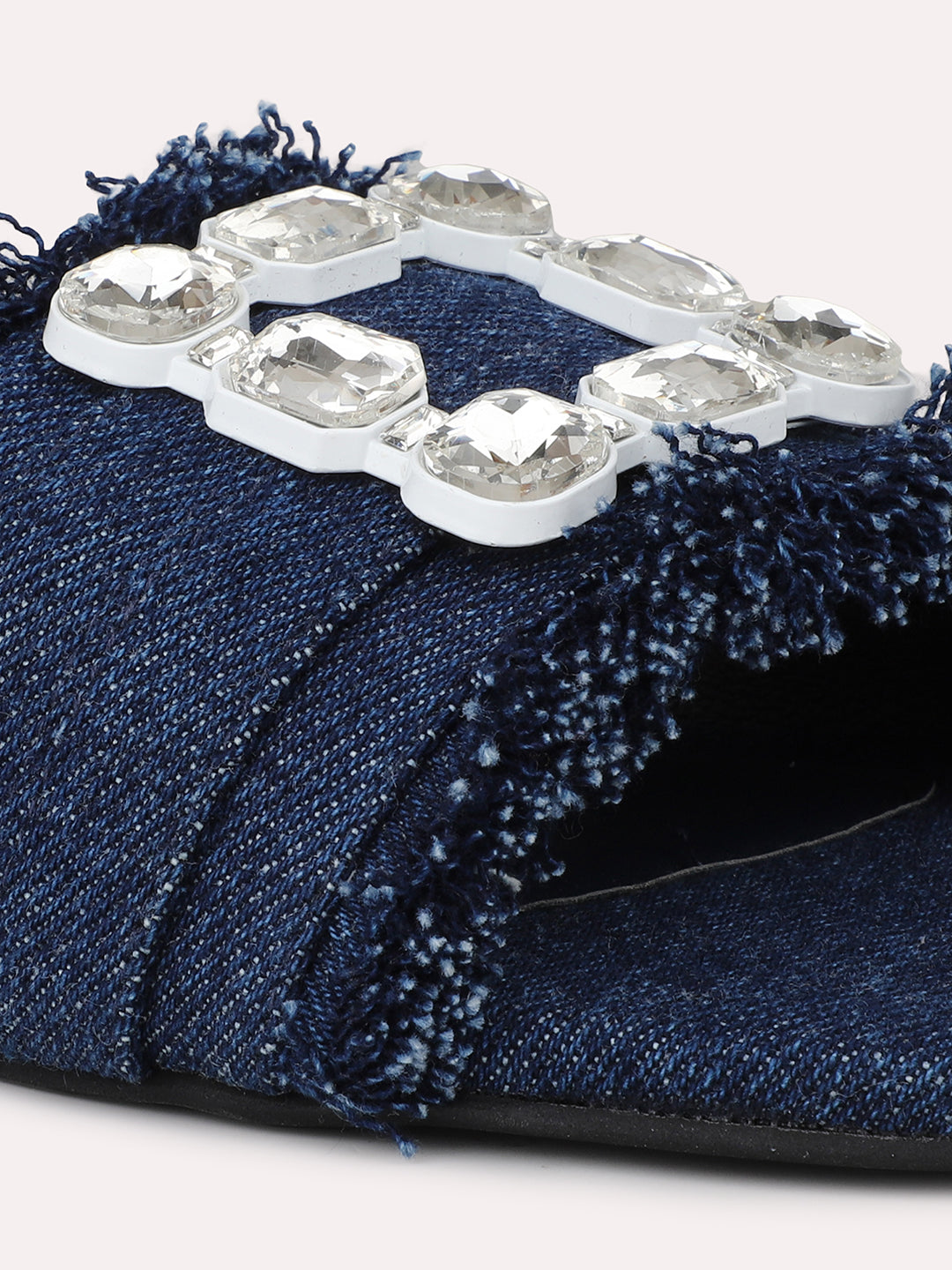 Women Navy & Silver-Toned Denim Buckle Detailed Open Toe Flats