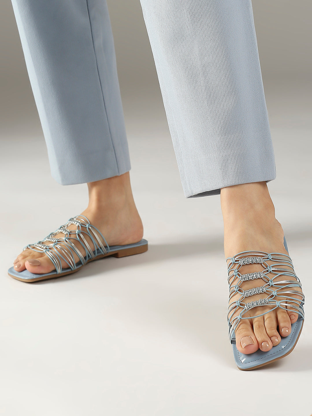 Women Blue And Silver-Toned Striped Open Toe Flats