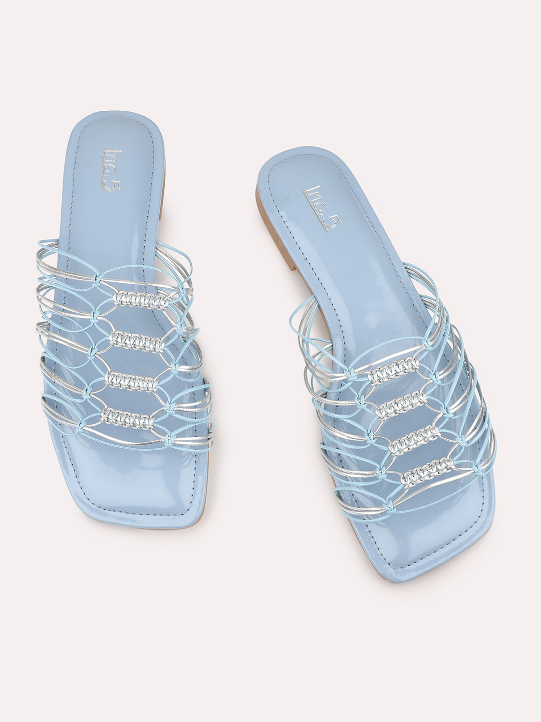 Women Blue And Silver-Toned Striped Open Toe Flats