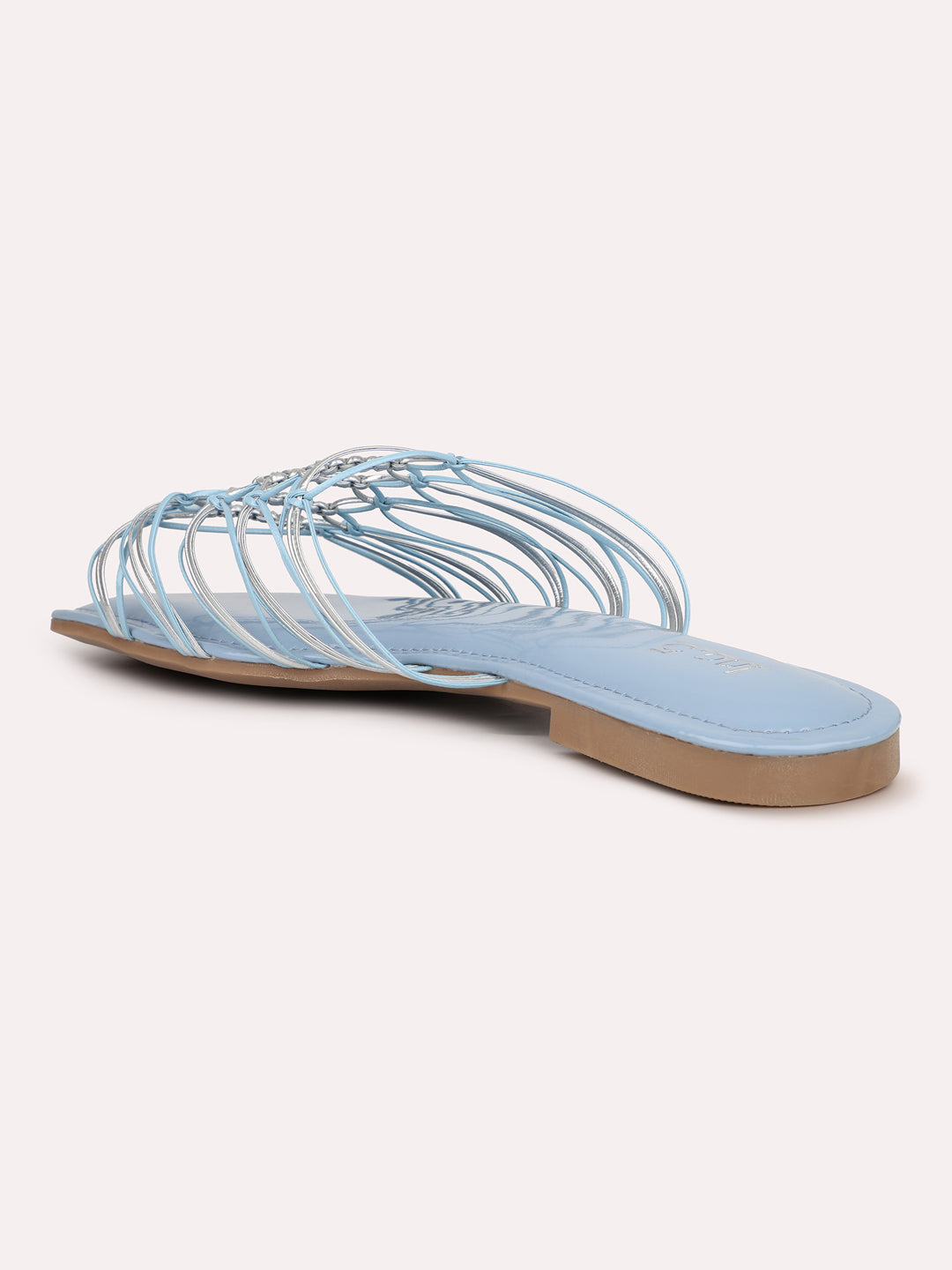 Women Blue And Silver-Toned Striped Open Toe Flats