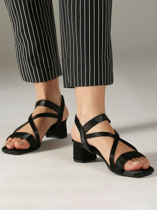 Women Black Open Toe Block Heels With Backstrap