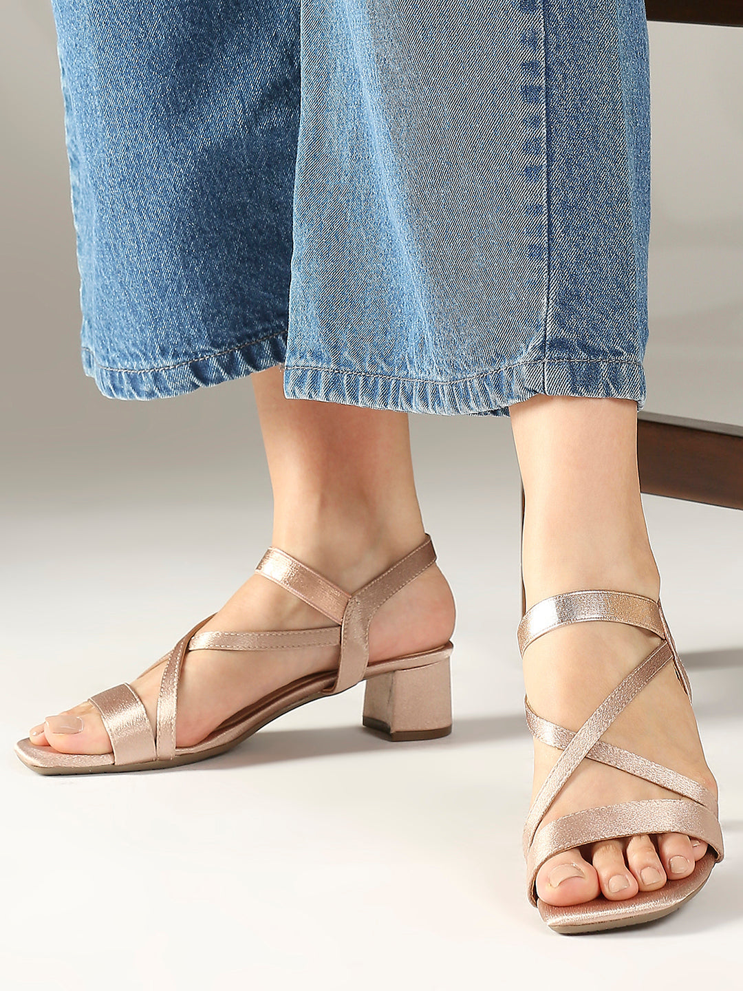 Women Rose Gold Open Toe Block Heels With Backstrap