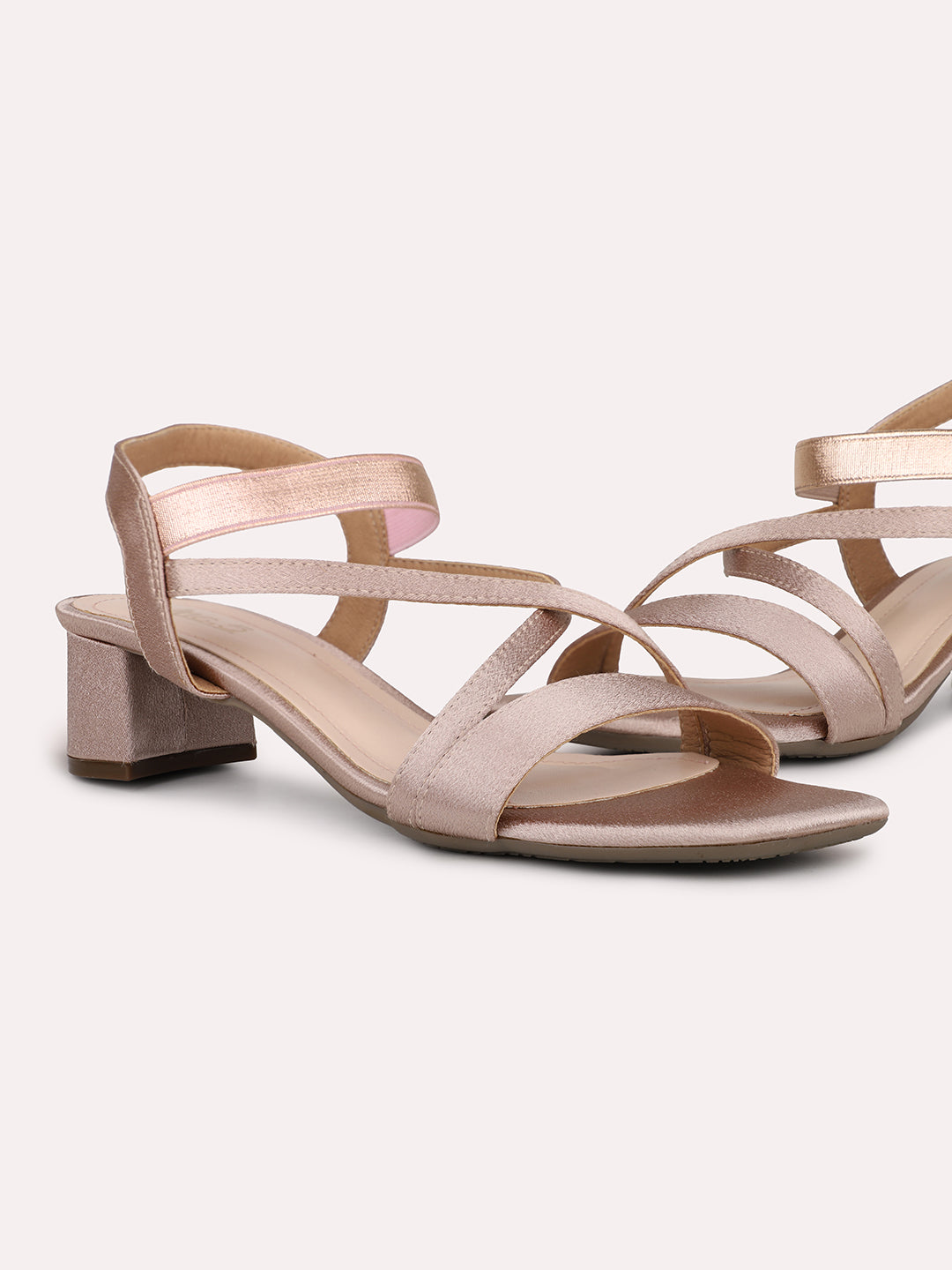 Women Rose Gold Open Toe Block Heels With Backstrap