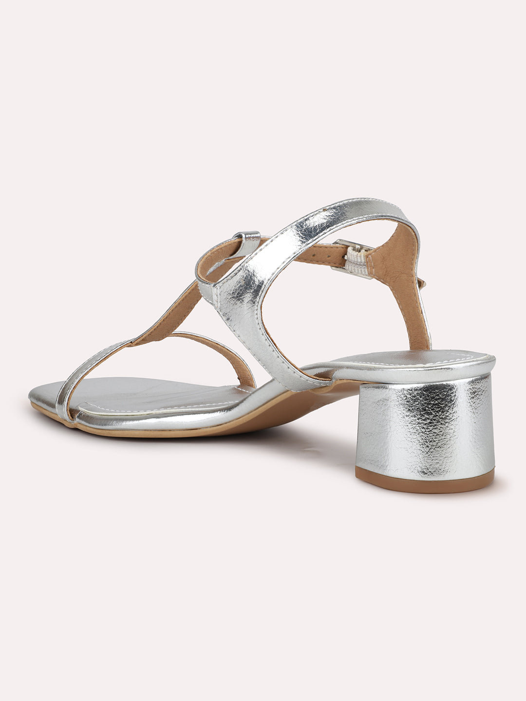 Women Silver H-Strap Textured Open Toe Block Heels With Buckle Closure