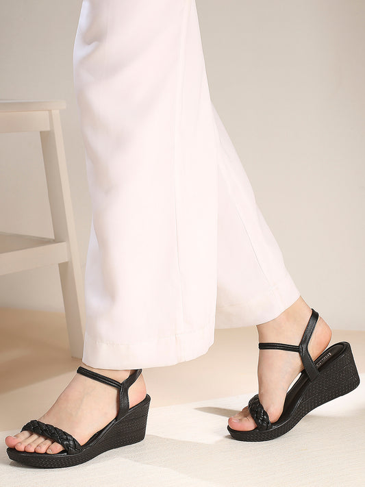 Women Black Textured Open Toe Wedge Heels