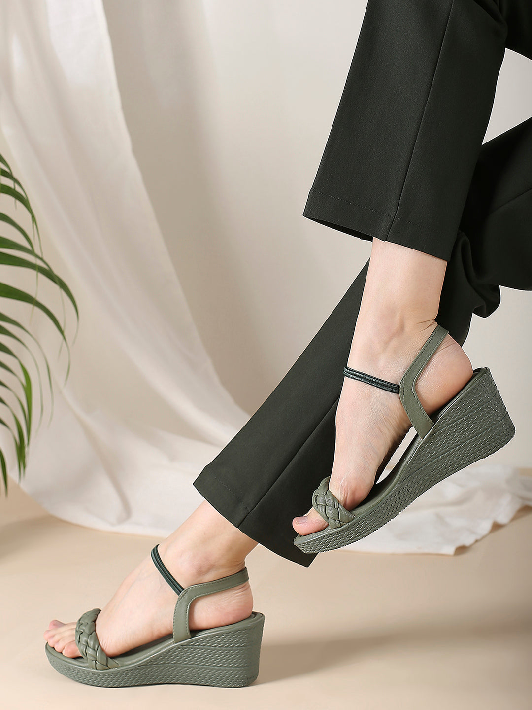 Women Green Textured Open Toe Wedge Heels