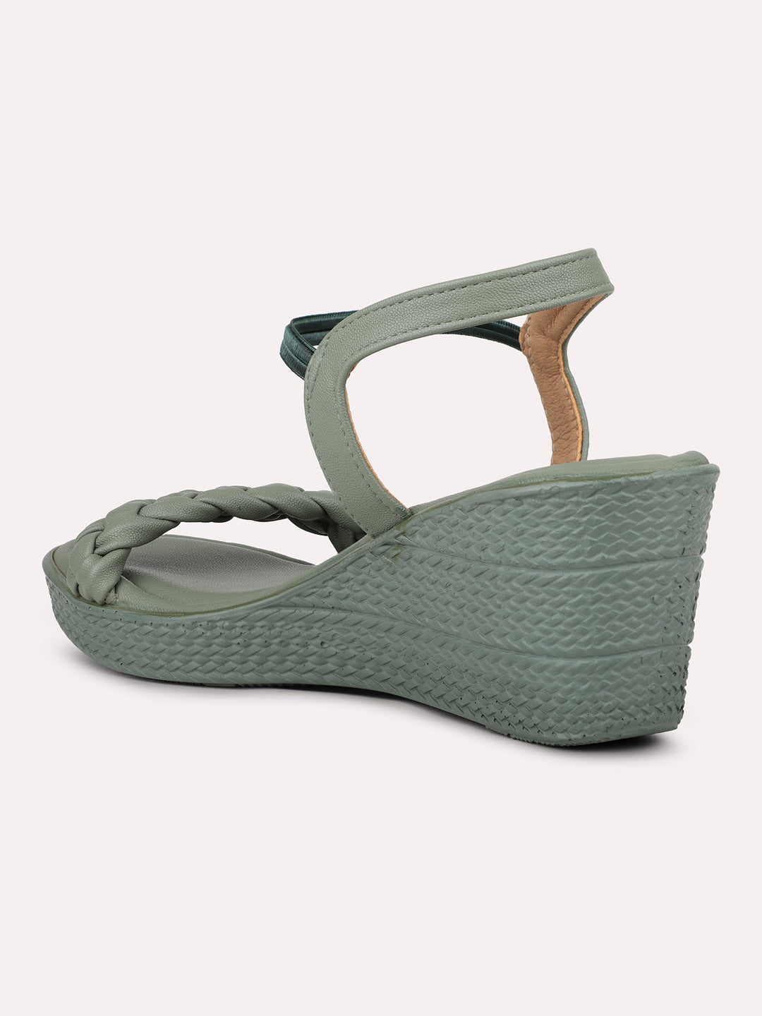 Women Green Textured Open Toe Wedge Heels