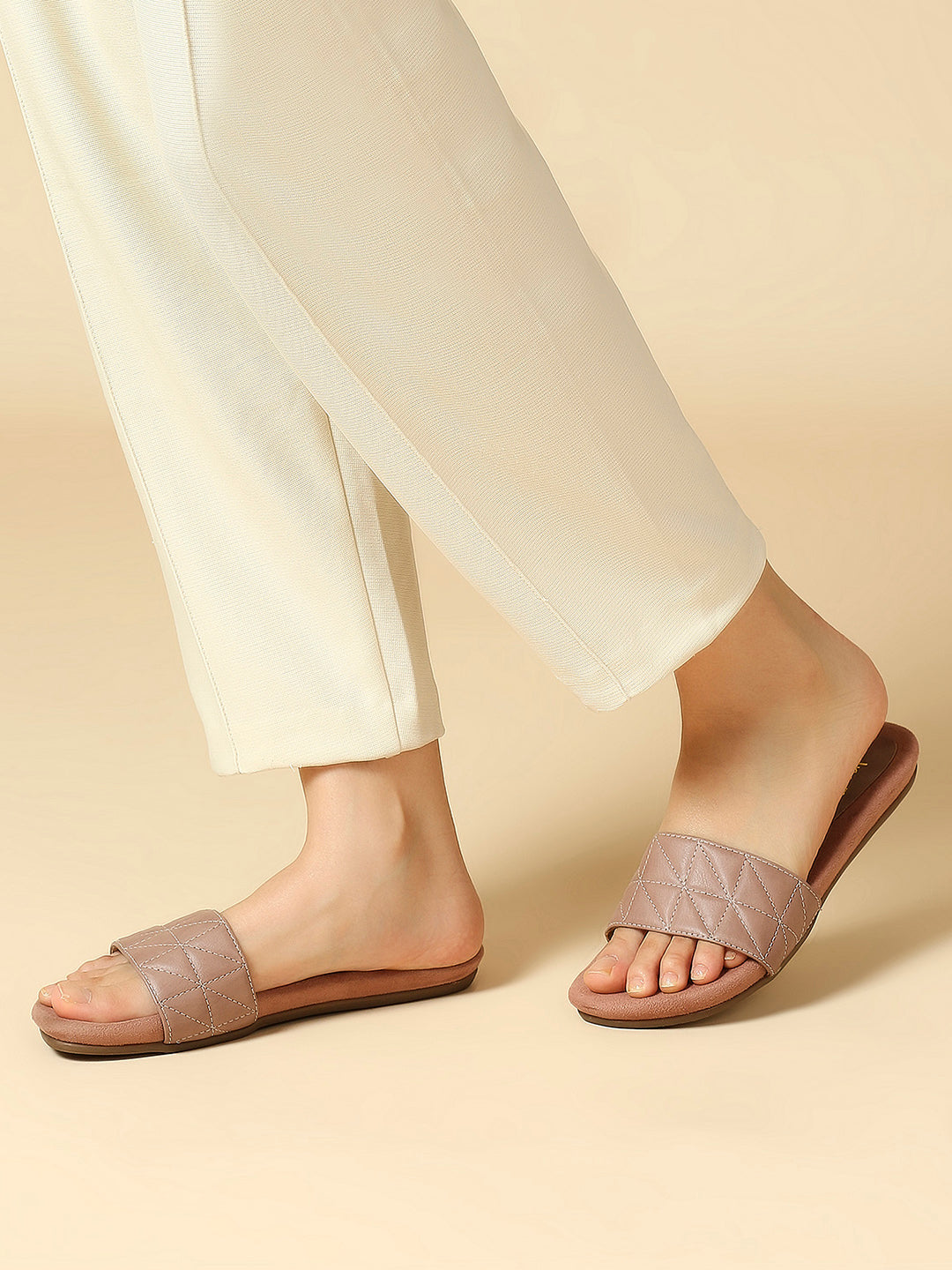 Women Peach Solid Textured Open Toe Flats