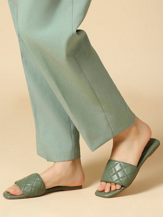 Women Green Solid Textured Open Toe Flats
