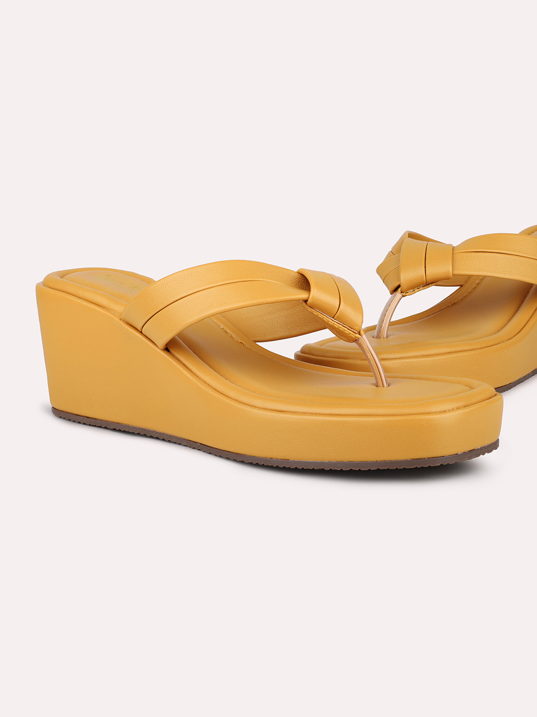 Women Mustard Textured One Toe Wedge Heels