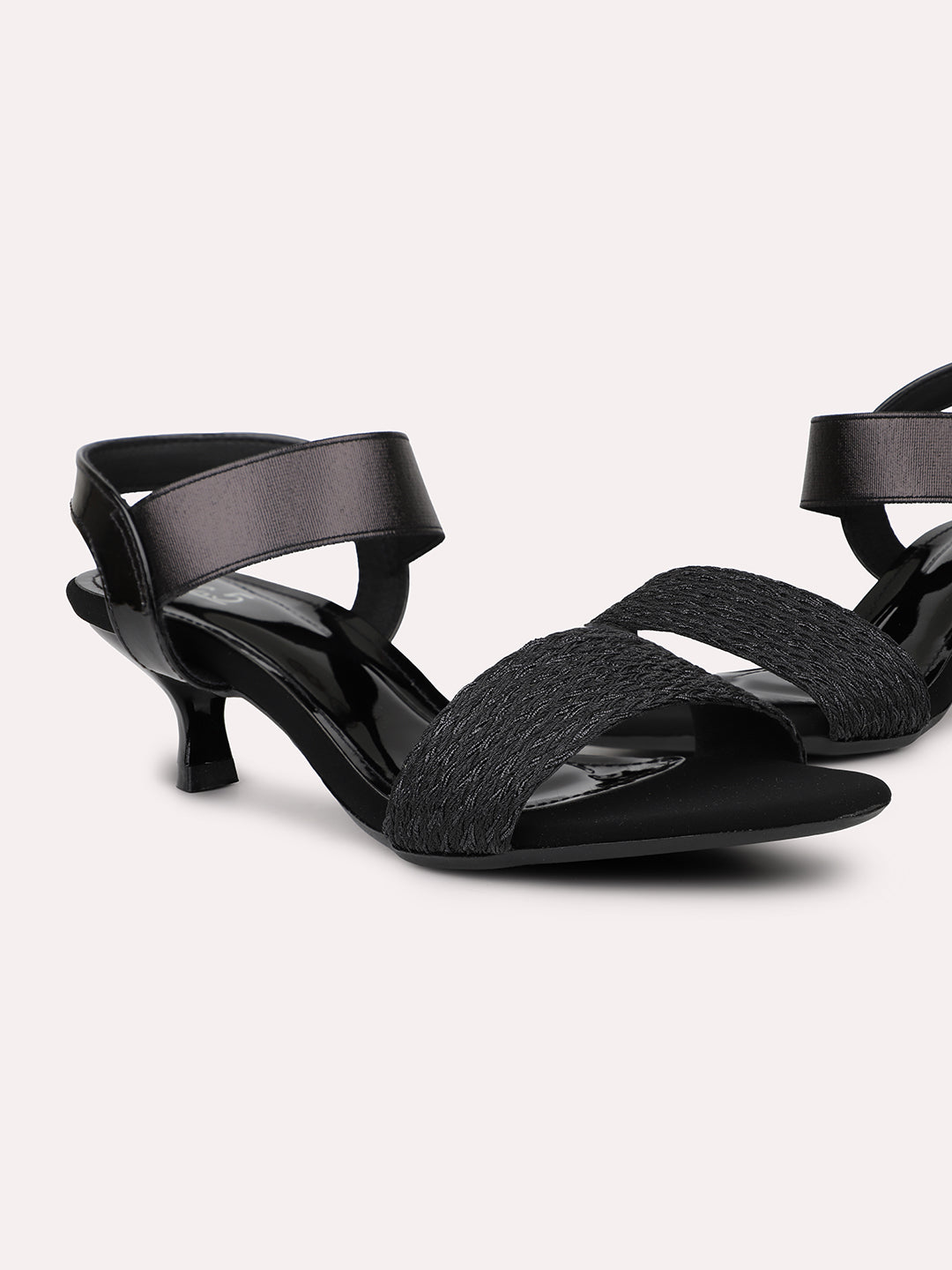 Women Black Textured Embellished Kitten Heels With Backstrap